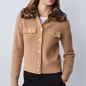 Ann Taylor Tan Cardigan with Leopard Print Collar